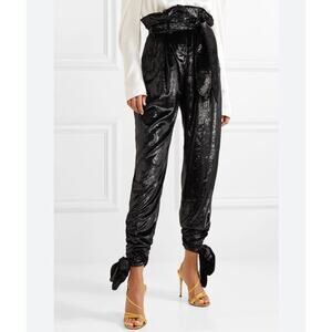 NWT Attico Shimmer Black Velvet Paper Bag Waist Trouser Ribbon Cuff Trim 38 XS